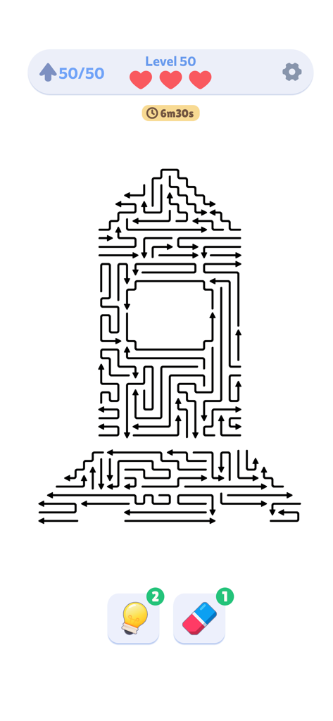 Arrow Jam Escape - Gameplay screenshot of Arrow Jam Escape showing a complex arrow path puzzle on Level 50 with a timer and hearts