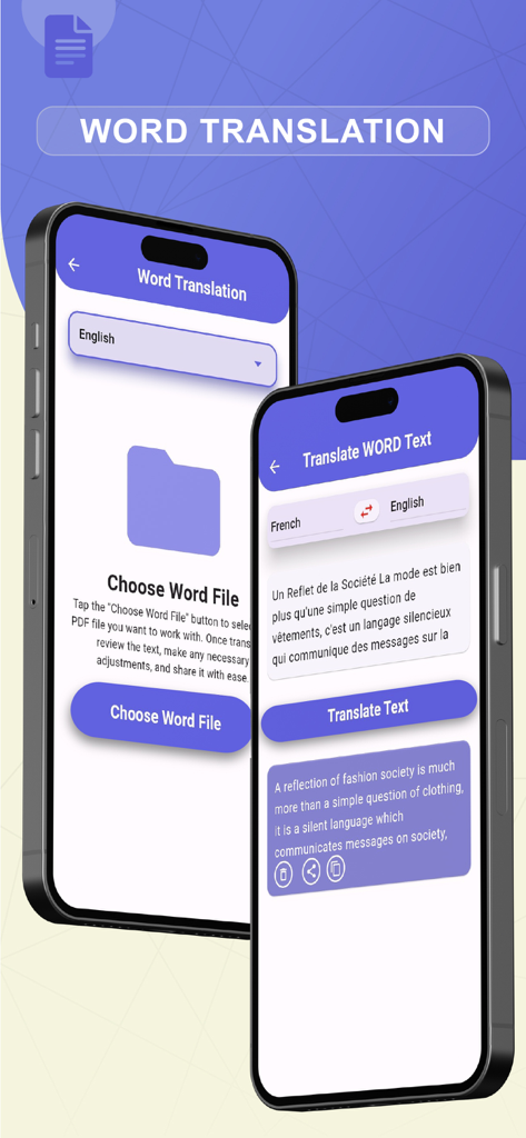 Pdf Documents Translator - Wordドキュメントの選択とフランス語から英語への翻訳プロセスを示すモバイルアプリのインターフェース。