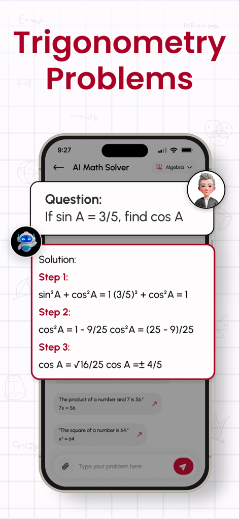 Math AI - Solve Math Problems - La aplicación Math AI muestra una solución paso a paso de un problema de trigonometría para estudiantes de secundaria