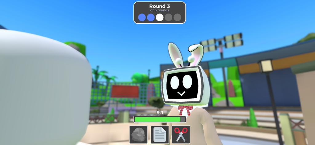 Blox World - Un personaje personalizado jugando a un minijuego de piedra, papel o tijera en la aplicación Blox World