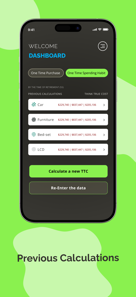 Mobile app dashboard showing previous price calculations for a car furniture and other items