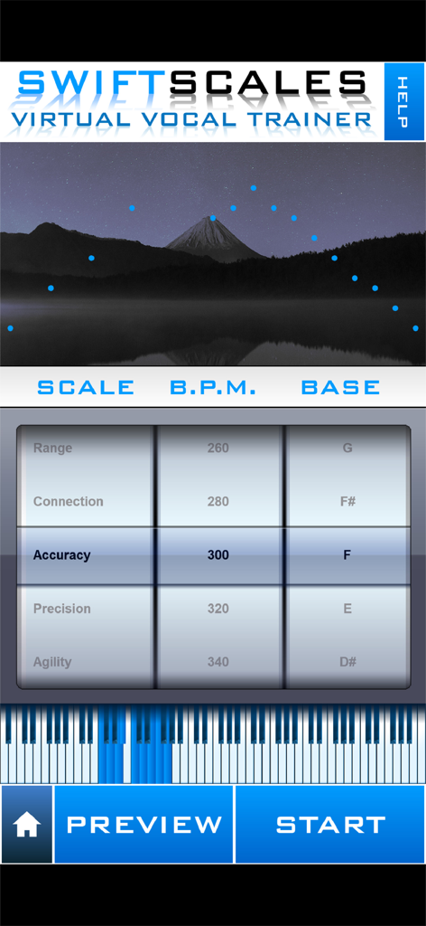 SWIFTSCALES Vocal Trainer - Swiftscales app interface showing vocal training settings for scale BPM and base key with a virtual piano keyboard