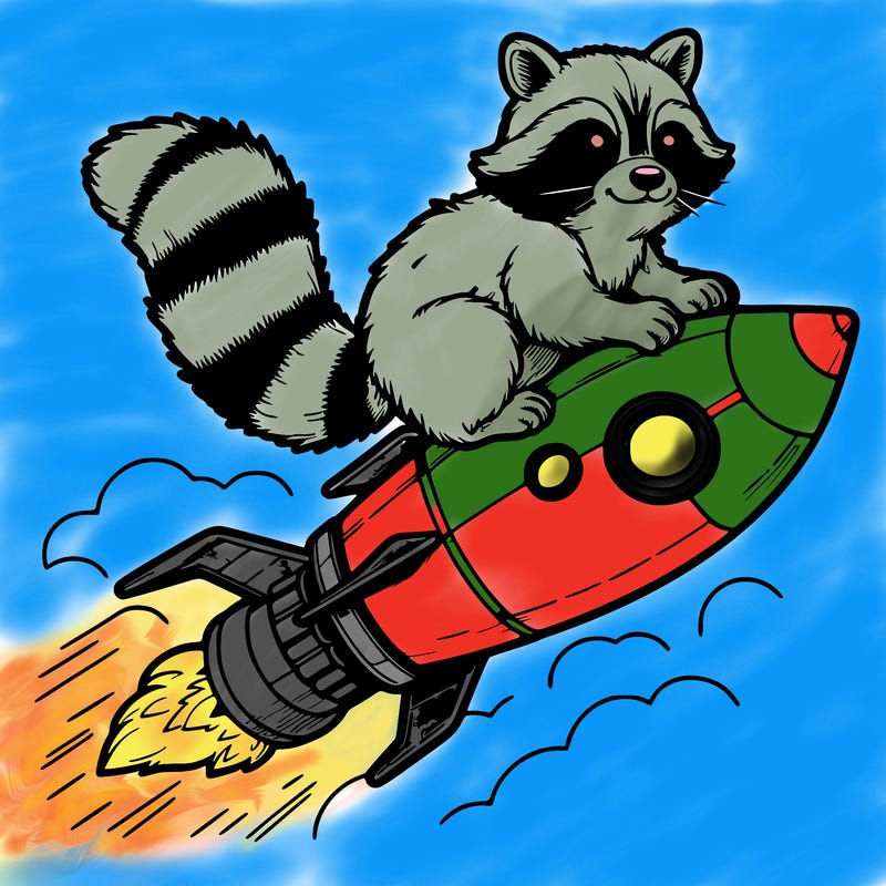 realistic raccoon flying on top rocket ship