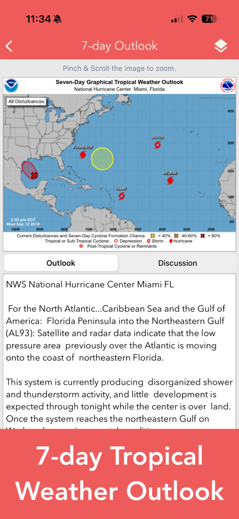 National Hurricane Center Data - Sieben-Tage-Tropenwetter-Ausblickkarte und Diskussionsbildschirm in der App National Hurricane Center Daten.