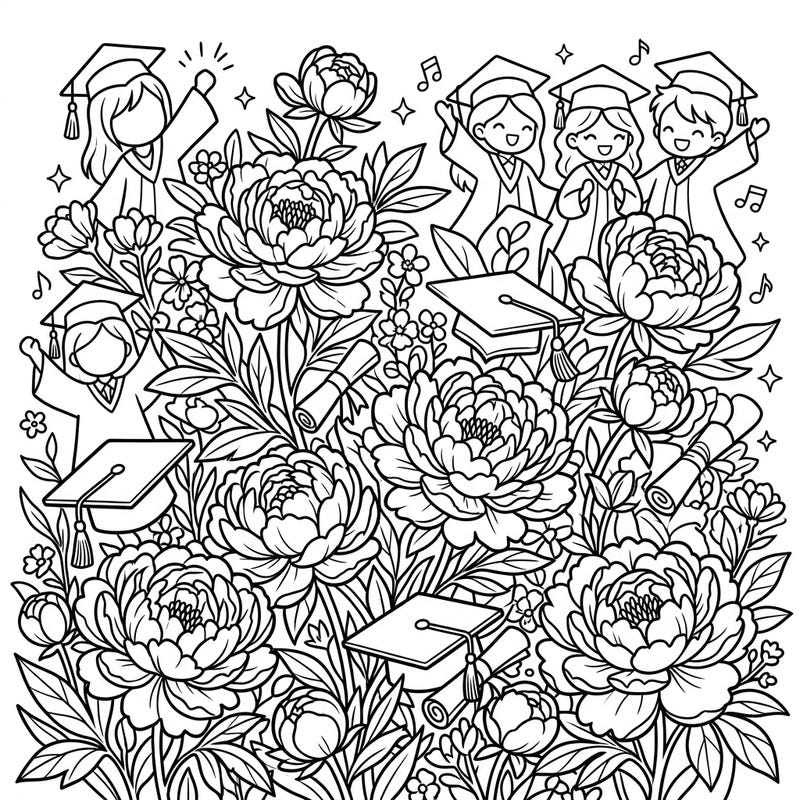 Mark a special milestone with this delightful coloring page, blending the beauty of garden peonies with the excitement of graduation day. Discover an intricate design filled with cheerful graduates, caps, and diplomas, ready for your creative touch.