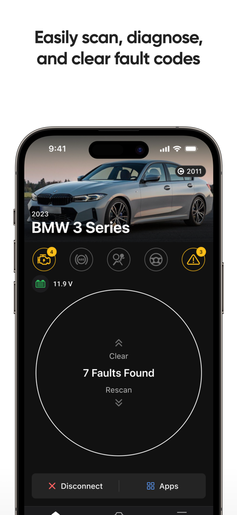 OBDeleven app showing car diagnostics and fault codes for a BMW 3 Series.