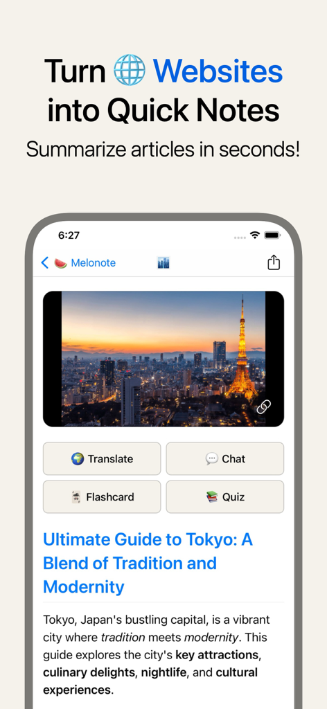 Melonote:AI Voice to Text Note - Melonoteアプリのインターフェース。ウェブサイトをAI翻訳、チャット、フラッシュカード、クイズのオプション付きのクイックノートに変換する方法を表示しています。