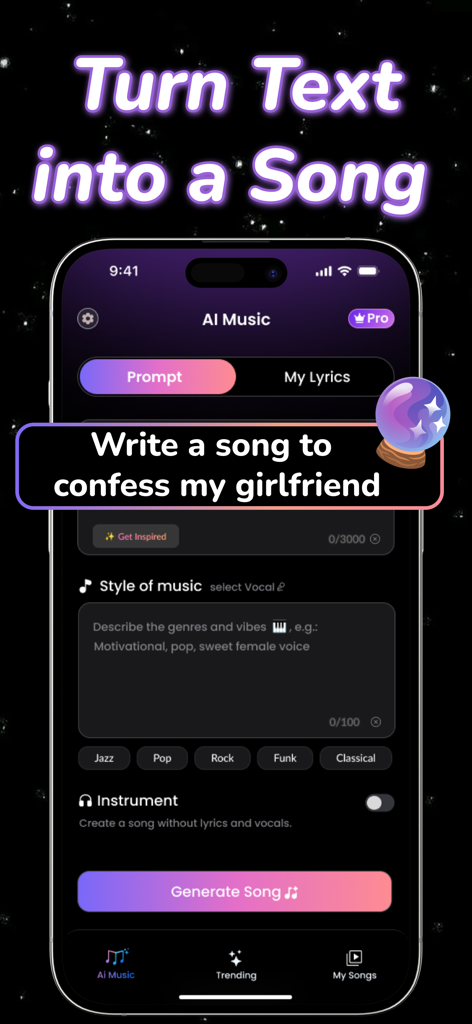 AI Song Generator ~ AI Music - AI song generator app interface showing the process of turning a text prompt into a song