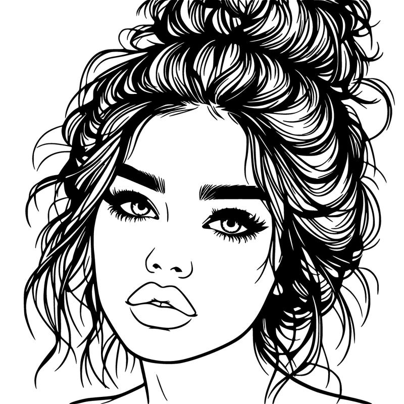 realistic girl with lips and hair in a messy bun