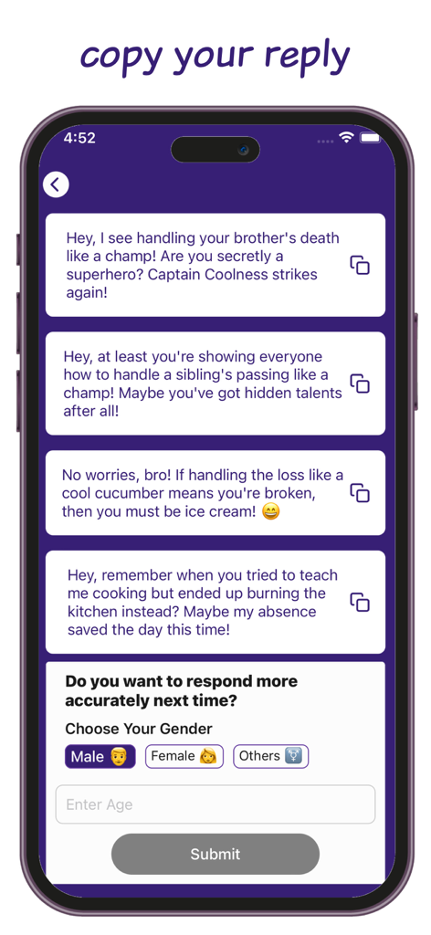 Mobile app interface showing AI-generated chat reply suggestions and user demographic settings for personalized responses.