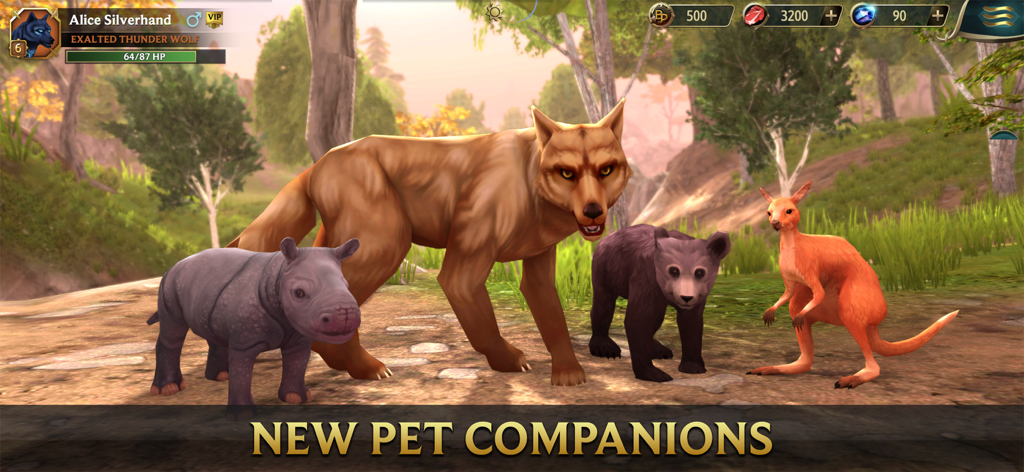 Wolf Tales - Online RPG Sim 3D - Un personnage de loup debout avec un bébé rhinocéros, un ourson et un kangourou dans un décor forestier