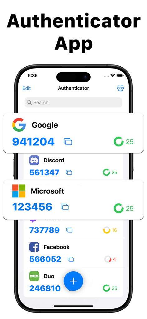 さまざまなオンラインアカウントの2FAコードが表示されているiPhone上のAuthenticatorアプリインターフェース
