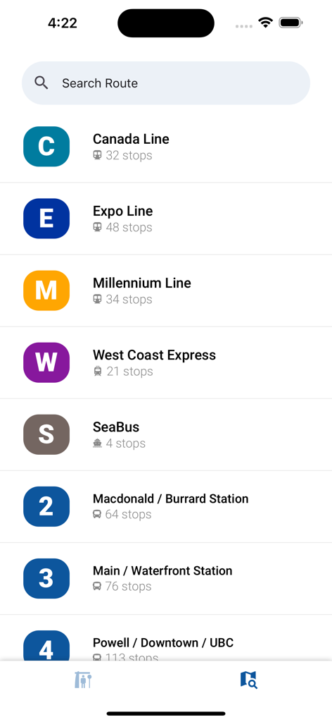 Vancouver Transit (TL) - Vancouver Transit app showing a list of SkyTrain and bus routes
