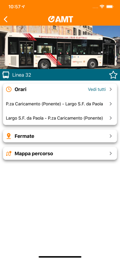 AMT Genova mobile app screen showing bus line 32 schedules stops and route map