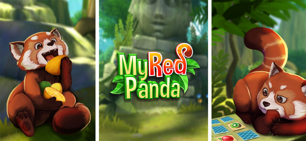 A collage showing a red panda eating fruit and playing a memory card game in the My Red Panda app