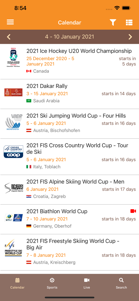 All Sport DB Live - All Sport DB Liveアプリが世界スポーツイベントのカレンダーを表示しています。