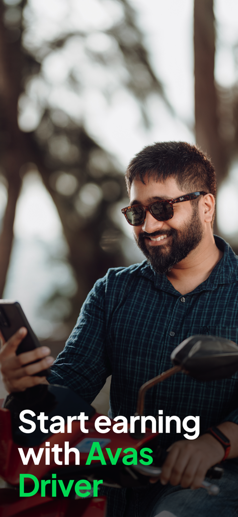 Avas App - Driver - A smiling man on a motorcycle looking at his phone with text saying Start earning with Avas Driver