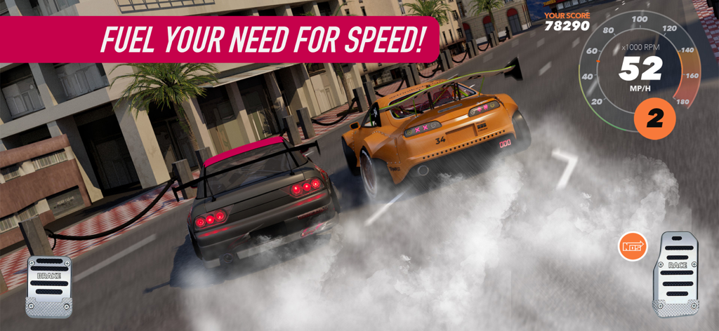 Car Double Drift: Beamng Drive - Dos coches personalizados derrapando en una calle urbana con humo realista de neumáticos e interfaz de velocímetro