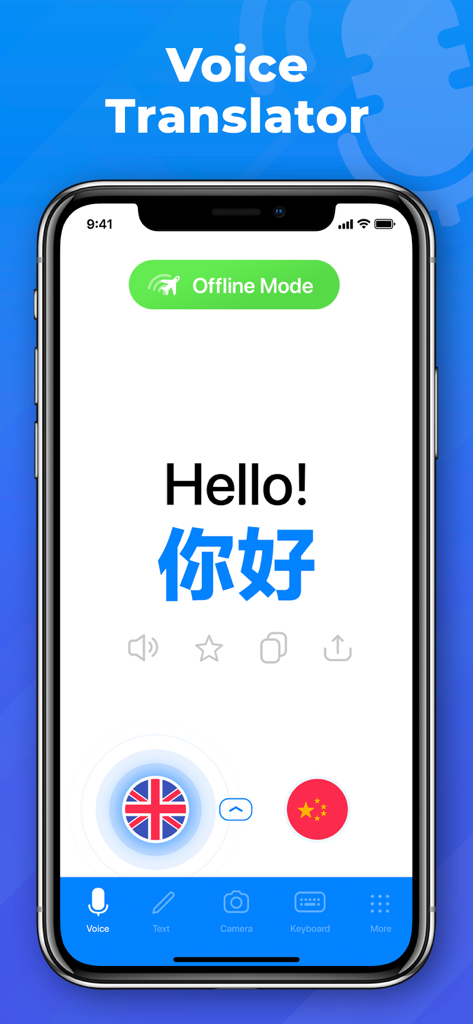 OkTalk: Keyboard Translator - OkTalk app interface showing voice translation from English to Chinese in offline mode