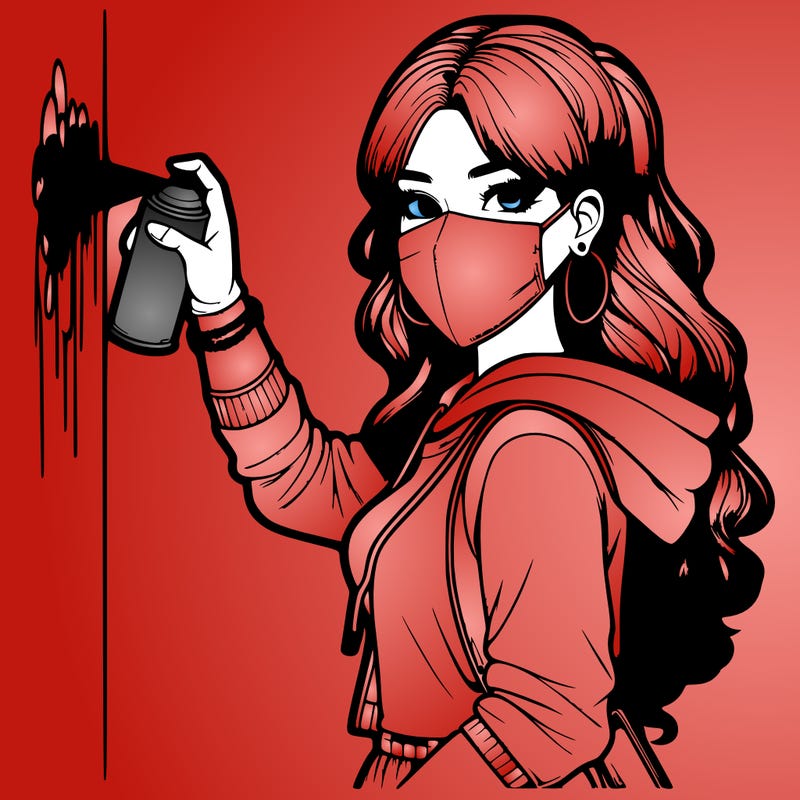 realistic girl with mask spray painting a wall