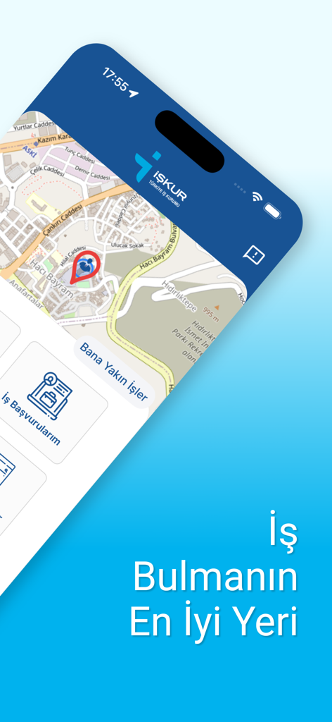 Interfaz de la aplicación ISKUR Mobil que muestra un mapa para encontrar trabajos cercanos y opciones de gestión de solicitudes