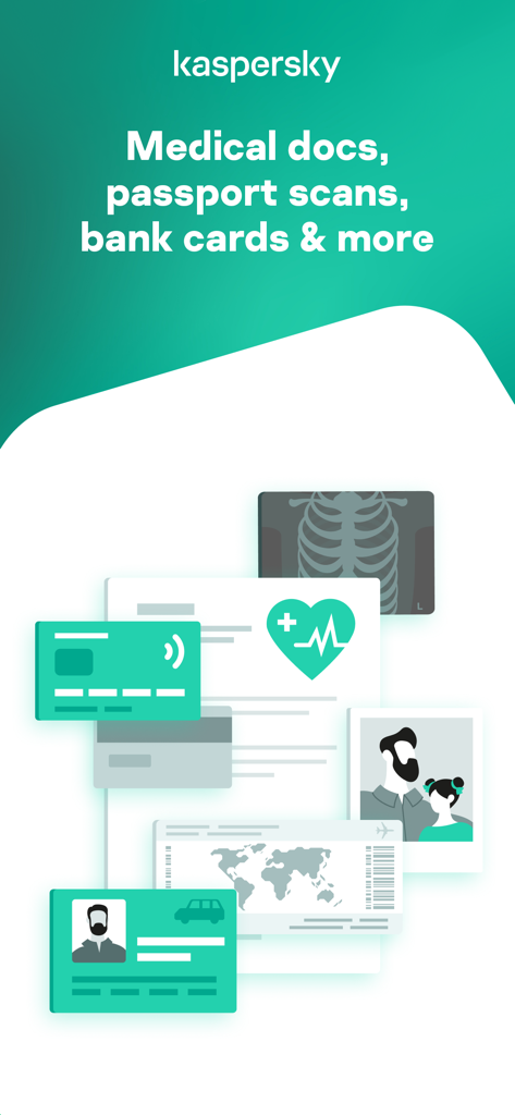 Kaspersky Passwords & Docs - Kaspersky app interface showing secure storage for medical documents, passport scans, and bank cards.