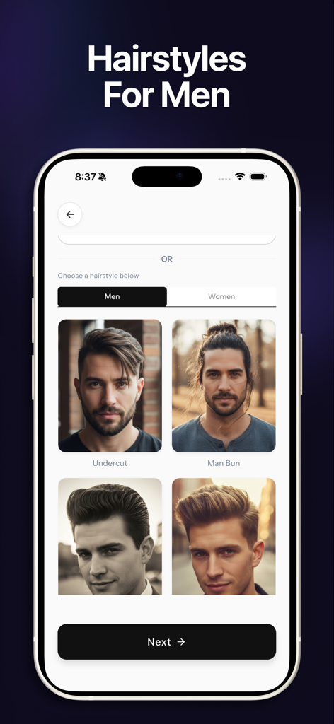 Hairstyle Try On & Hair AI - Mobile app interface showing men's hairstyle options including undercut and man bun
