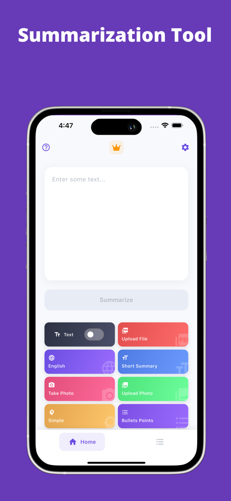 Flashcards to Study - Synt - Screenshot of the Synt app showing the summarization tool with options to input text, upload files, and select summary styles like bullet points.