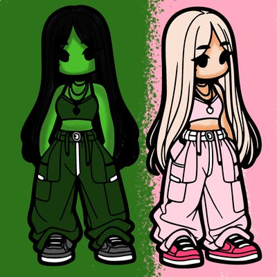 girl in baggy pants crop top and long hair