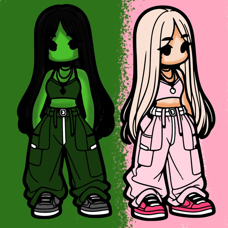 girl in baggy pants crop top and long hair