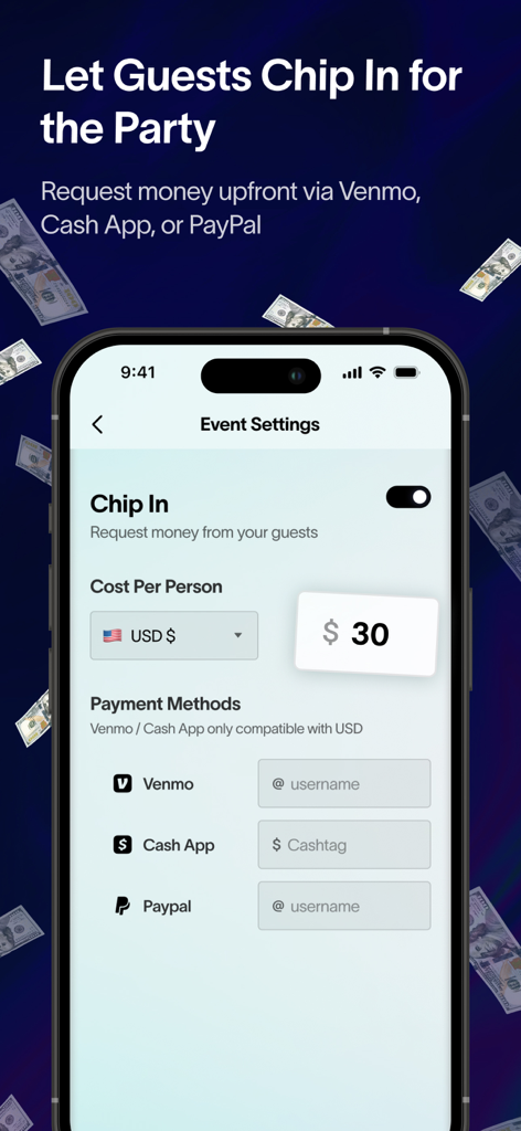 Partiful Invites - A screenshot of the Partiful app showing the Chip In feature to request event payments via Venmo, Cash App, or PayPal.