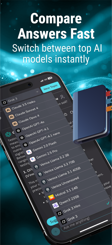 ChatBuddy - Multi-AI Assistant - Interface of the ChatBuddy app showing a selection menu to switch between multiple AI models like GPT-4, Claude, and Gemini.