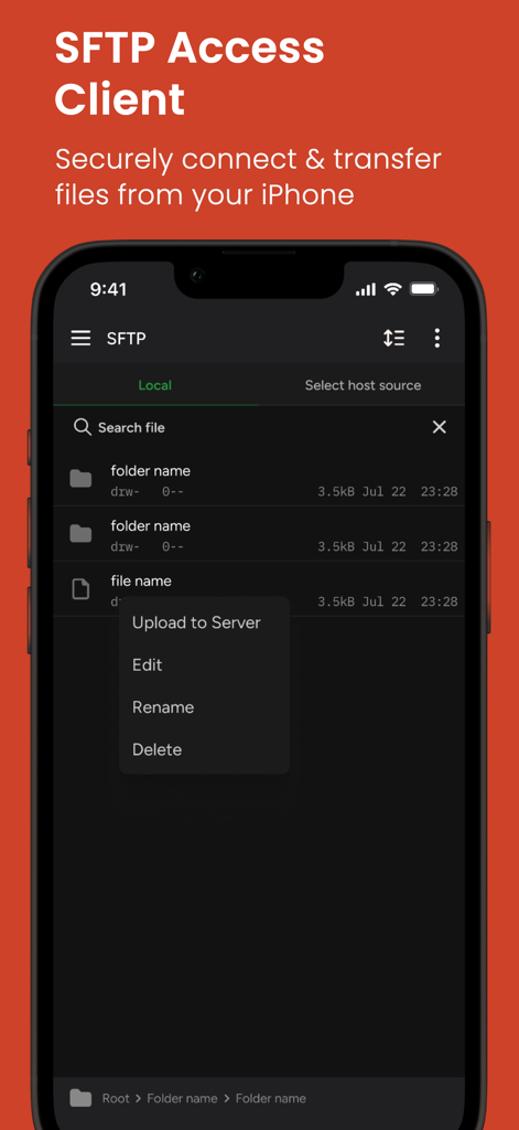 Terminal - SFTP & SSH Client - Interface of the SFTP Access Client on iPhone showing a file manager with options to upload, edit, rename, and delete files.