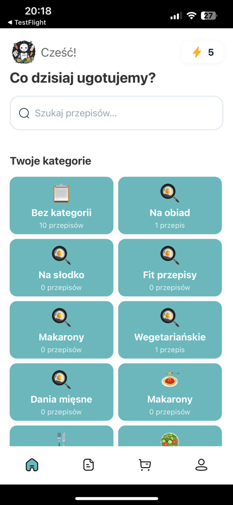 Meal Brain - Interface do aplicativo móvel Meal Brain mostrando uma barra de pesquisa e blocos de categorias de receitas para organizar receitas de livro de receitas digital