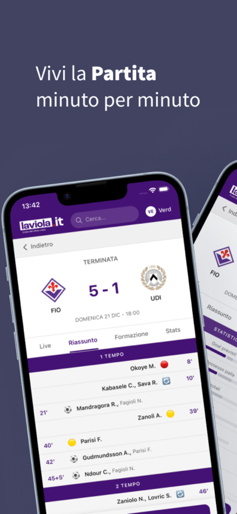 LaViola.it - Schermata dell'app LaViola che mostra un riepilogo della partita della Fiorentina con punteggi live ed eventi di gioco