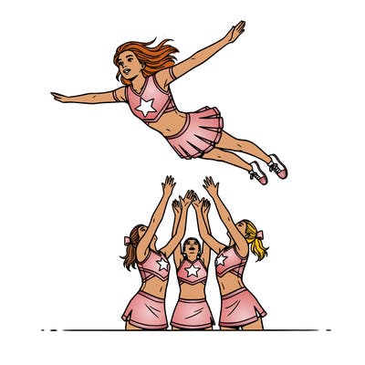 a girl flying in the air in a cheer outfit with more people about to catch her