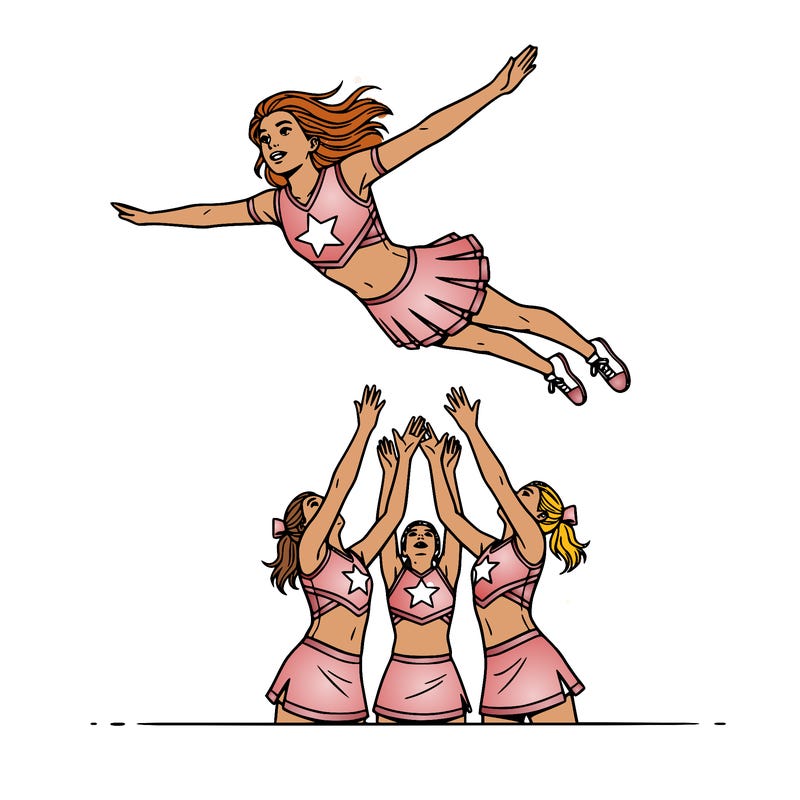 a girl flying in the air in a cheer outfit with more people about to catch her