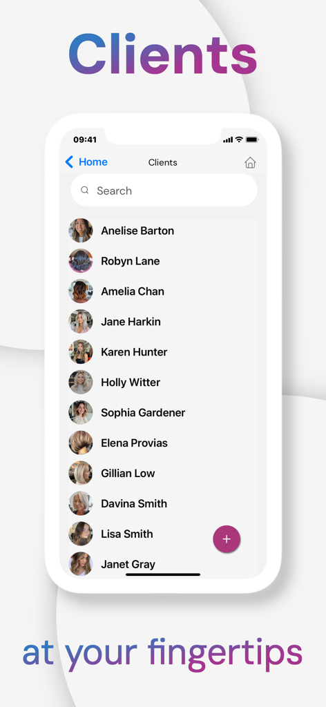 Bildschirm der mobilen App mit einer Liste von Friseurkunden mit Profilfotos und Namen