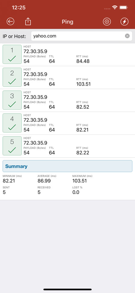 Network Utilities & Analyzer - Ping test interface showing response times and summary statistics for a hostname