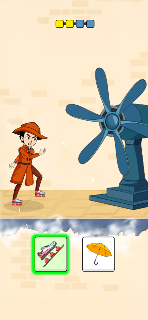 A detective character on roller skates facing a giant fan in a logic puzzle level of Detective IQ 2.