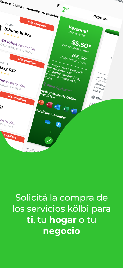 Interface de l'application mi kolbi pour l'achat de téléphones et la souscription à des services résidentiels et professionnels