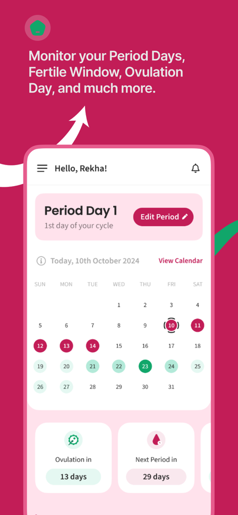 Cylo - Period & Cycle Tracker - Cylo 생리 추적기 앱 화면, 주기 및 배란 예측이 표시된 월간 캘린더