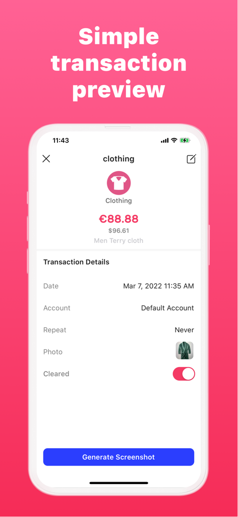 Money Manager: Budget Expense - Money Manager app screen showing a transaction preview for a clothing expense with amount, date, and photo.