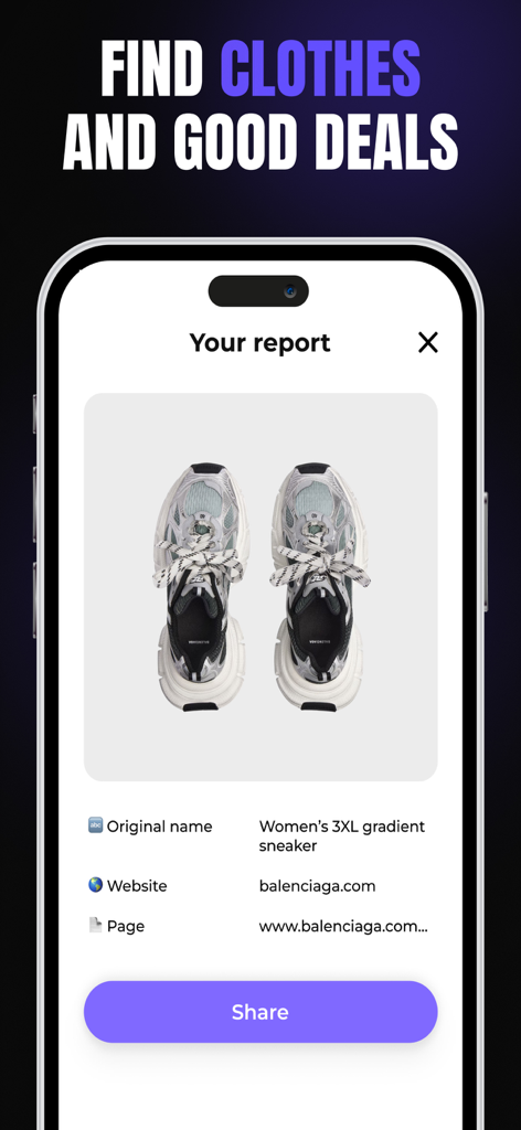 Interface do aplicativo exibindo um relatório de busca reversa de imagem para um par de tênis com links de compras