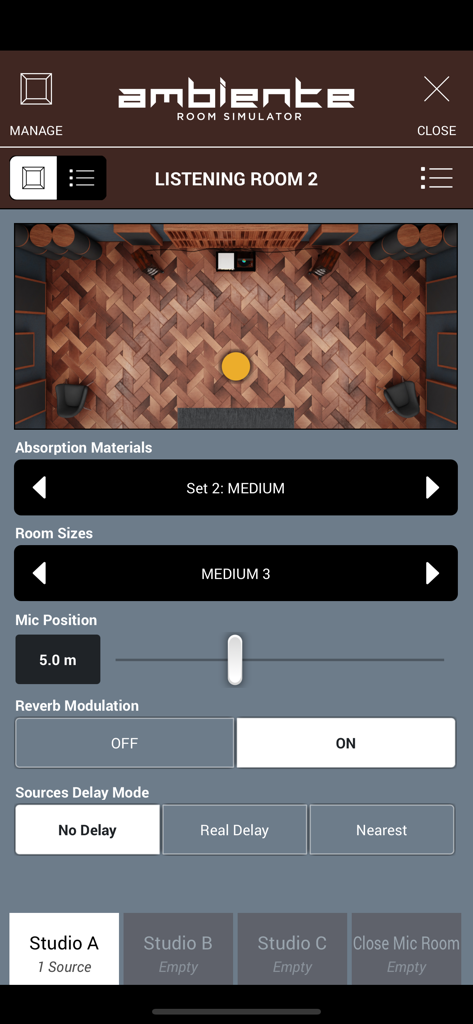 SWAM Cello - Interface of the Ambiente Room Simulator in the SWAM Cello app showing virtual room acoustics and microphone positioning settings