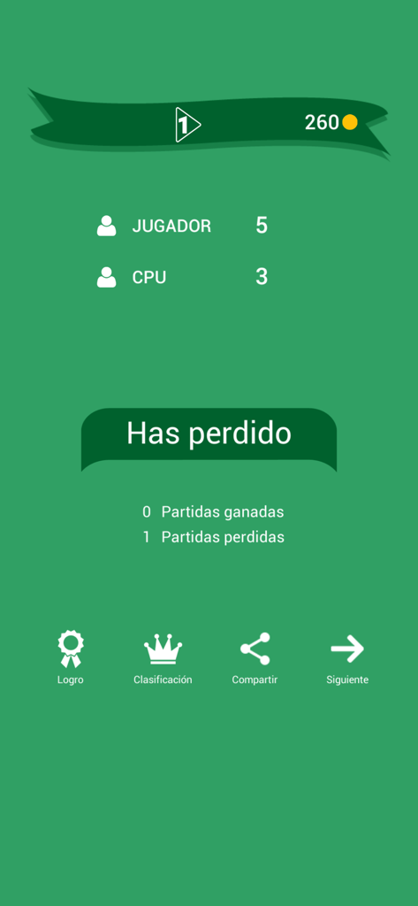 Chinchón: Card Game - Pantalla de fin de partida para el juego de cartas Chinchón mostrando los resultados de la partida contra la CPU e iconos de navegación