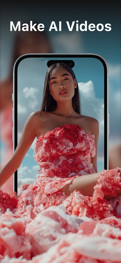 Runway AI Creation - A smartphone showing the Runway AI Creation app interface with an AI generated video of a woman in a pink floral dress and the text Make AI Videos