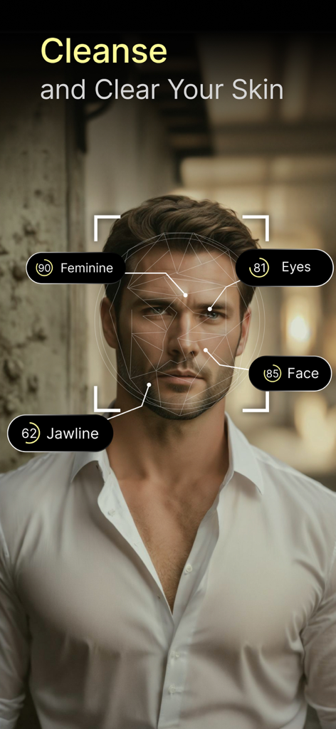 Look AI : Get Your Face Score - 目の周り、顎のライン、肌の顔分析と美容スコアを表示するLook AIアプリのインターフェース