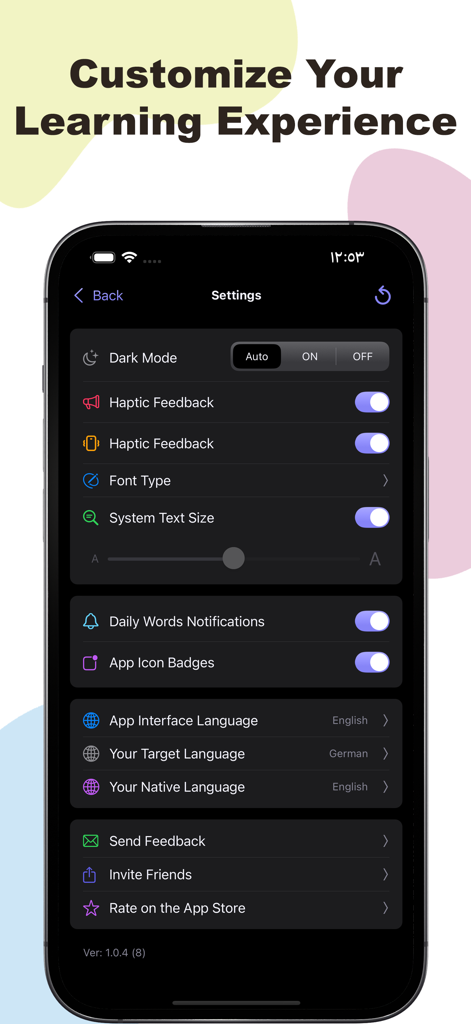 Kalimati -Learn a new language - El menú de configuración de la aplicación de aprendizaje de idiomas Kalimati que muestra opciones para modo oscuro, notificaciones y selección de idioma.