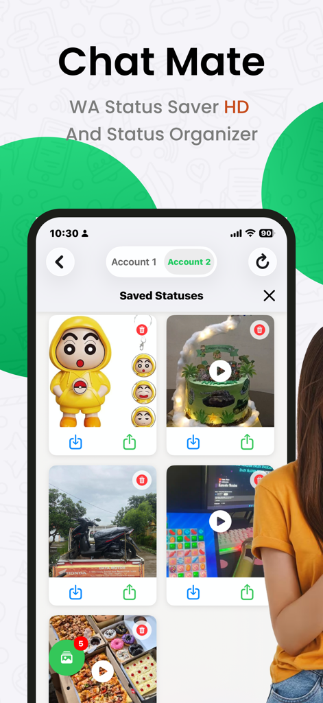 Dual App Manager: Chat Mate - Interface of Chat Mate app showing the WA status saver and organizer for dual accounts